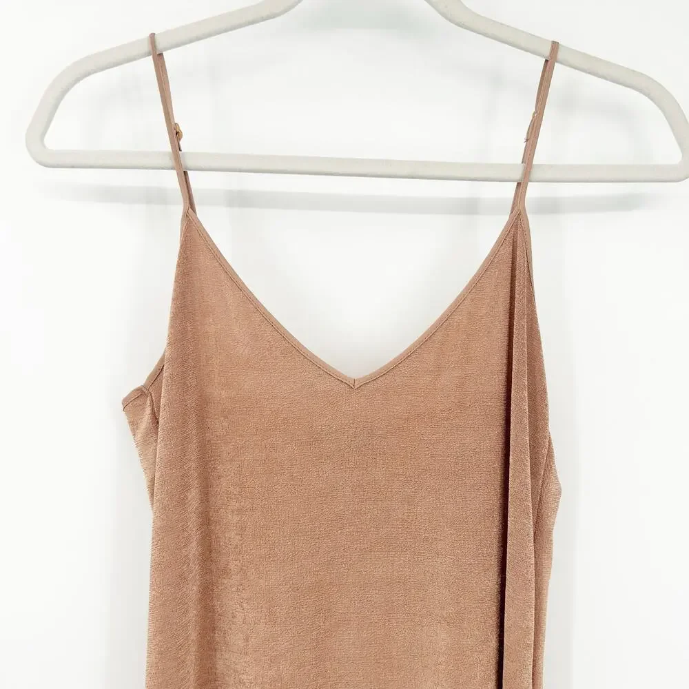 Zara Womens Cocktail Party Coquette V-Neck Slinky Metallic Slip Dress Size M Tan